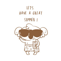 Card with cute cartoon koala  in sunglasses and shorts. Funny animal  drinking soda from a glass in summer time. Children's illustration. Vector contour image no fill. 
