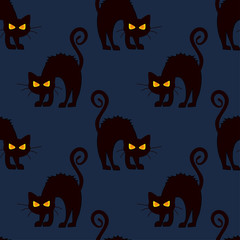Abstract naadloos halloween-kattenpatroon voor meisjes of jongens. Creatief vectorpatroon met kat, wolkenboe, halloween. Grappig halloween kattenpatroon voor textiel en stof. Mode stijl. Kleurrijk beeld.