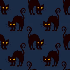 Gordijnen Abstract naadloos halloween-kattenpatroon voor meisjes of jongens. Creatief vectorpatroon met kat, wolkenboe, halloween. Grappig halloween kattenpatroon voor textiel en stof. Mode stijl. Kleurrijk beeld. © mamenkoaleks