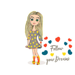 Hand drawn beautiful cute blonde girl with many colorful heats . Follow your dreams. Vector illustration.Use for print, web, textile, postcard, banner, elegant and beauty
