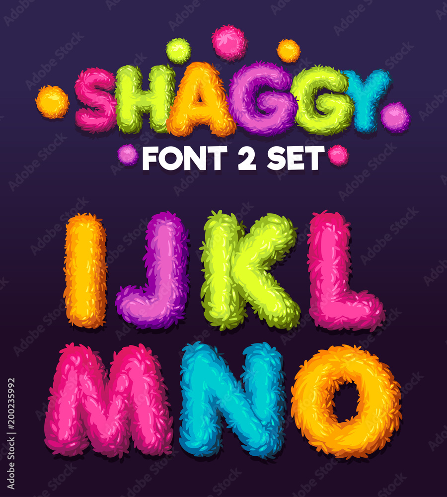 Wall mural Shaggy font 3 set cartoon letters. Vector color illustration sign i, j, k, l, m, n, o