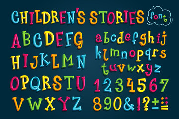 set colored font "children's stories." Multicolored vector letters and numbers for decoration