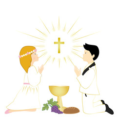 First Holy communion ceremony symbols. White boy and girl praying on knees.