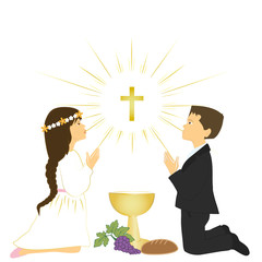 First holy communion sacrament. Small caucasian boy and girl praying on knees.