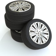 four wheels for a car with silver discs. 3d render