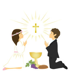 First holy communion sacrament. Small caucasian boy and girl praying on knees.