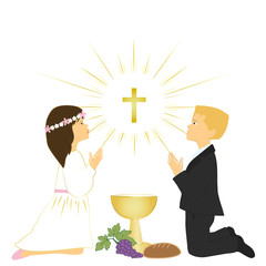 First holy communion sacrament. Small boy and girl praying on knees to receive the Eucharist..