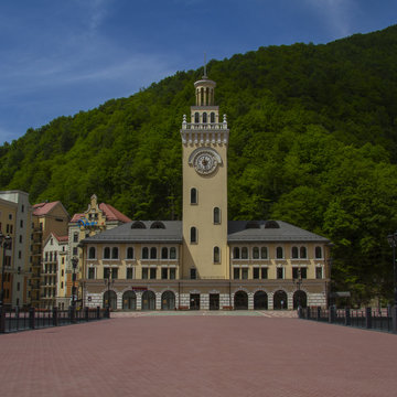 The tower of the "Town Hall" building in Rosa Khutor. Sochi, Russia