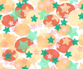 Colorful seamless pattern for children, vector. Seamless pattern in cartoon style with stars and polka dot. Baby seamless texture. 