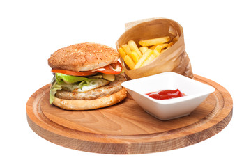 Burger and fries isolated on white background