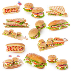 Junk fast food collage of burgers, sandwiches and hot-dogs isolated on white background