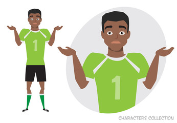Young black african american football player doubt, no ideas. Emotion of uncertainty and confusion on soccer player face