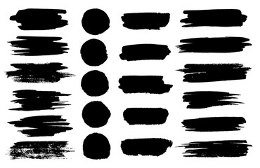 Vector black paint brush spots, highlighter lines or felt-tip pen marker horizontal blobs. Marker pen or brushstrokes and dashes. Ink smudge abstract shape stains and smear set with texture - obrazy, fototapety, plakaty
