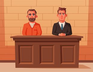 Serious lawyer sits by the table in courthouse with defendant. Cartoon vector illustration. Character design.