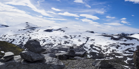 Nieve en el mirador de Dalsnibba, en Noruega, verano de 2017