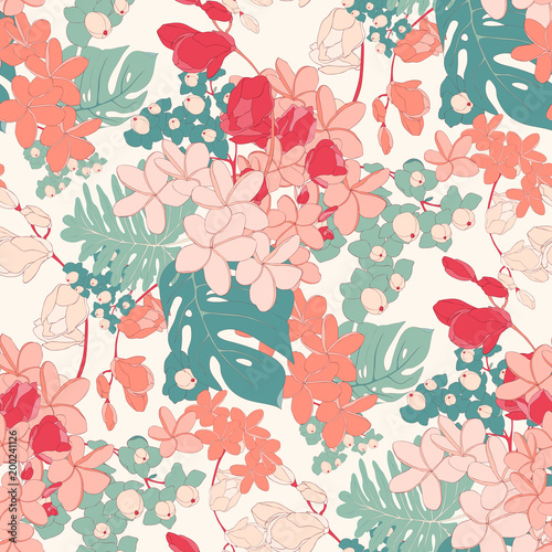 Vintage Tropical Pink Seamless Vector Wallpaper Stock Image And