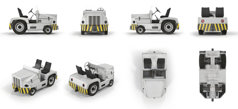 Aircraft Towing Tractor renders set from different angles on a white. 3D illustration