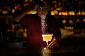 Fototapeta na wymiar Female bartender pouring a spice to the delicious cocktail