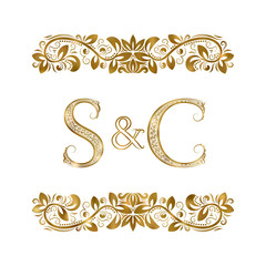 S and C vintage initials logo symbol. The letters are surrounded by ornamental elements. Wedding or business partners monogram in royal style.