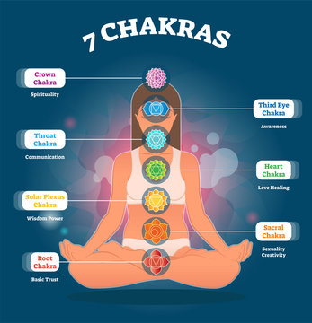 7 Chakra meanings and symbols, vector illustration diagram with woman in lotus pose.