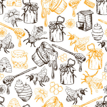 Honey Bee, Honeycomb And Jar Image Seamless Pattern Design In Sketch. Honey Comb, Pot, Bee Hive, Flowers Hand Drawn Vintage Elements On White Background Vector Illustration