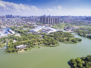 Aerial view of city waterfront building