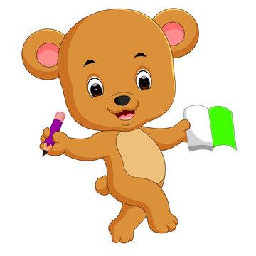 cute bear holding book and pencil