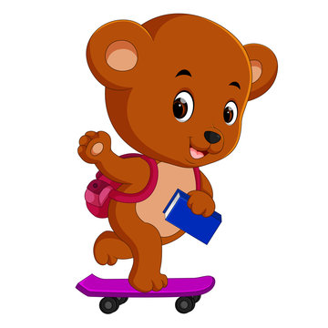 cute bear holding book and playing skateboard