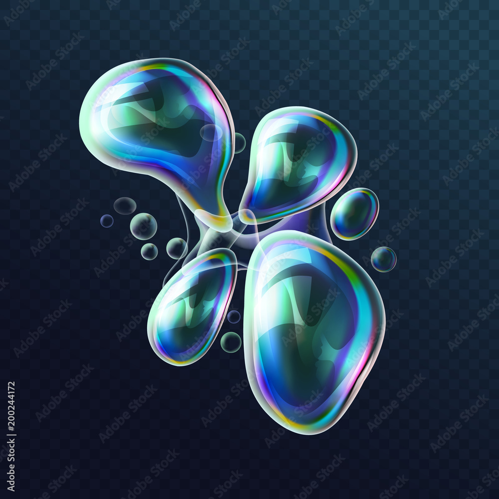 Poster set of realistic transparent colorful soap bubbles in the deformation. water spheres with air, soapy