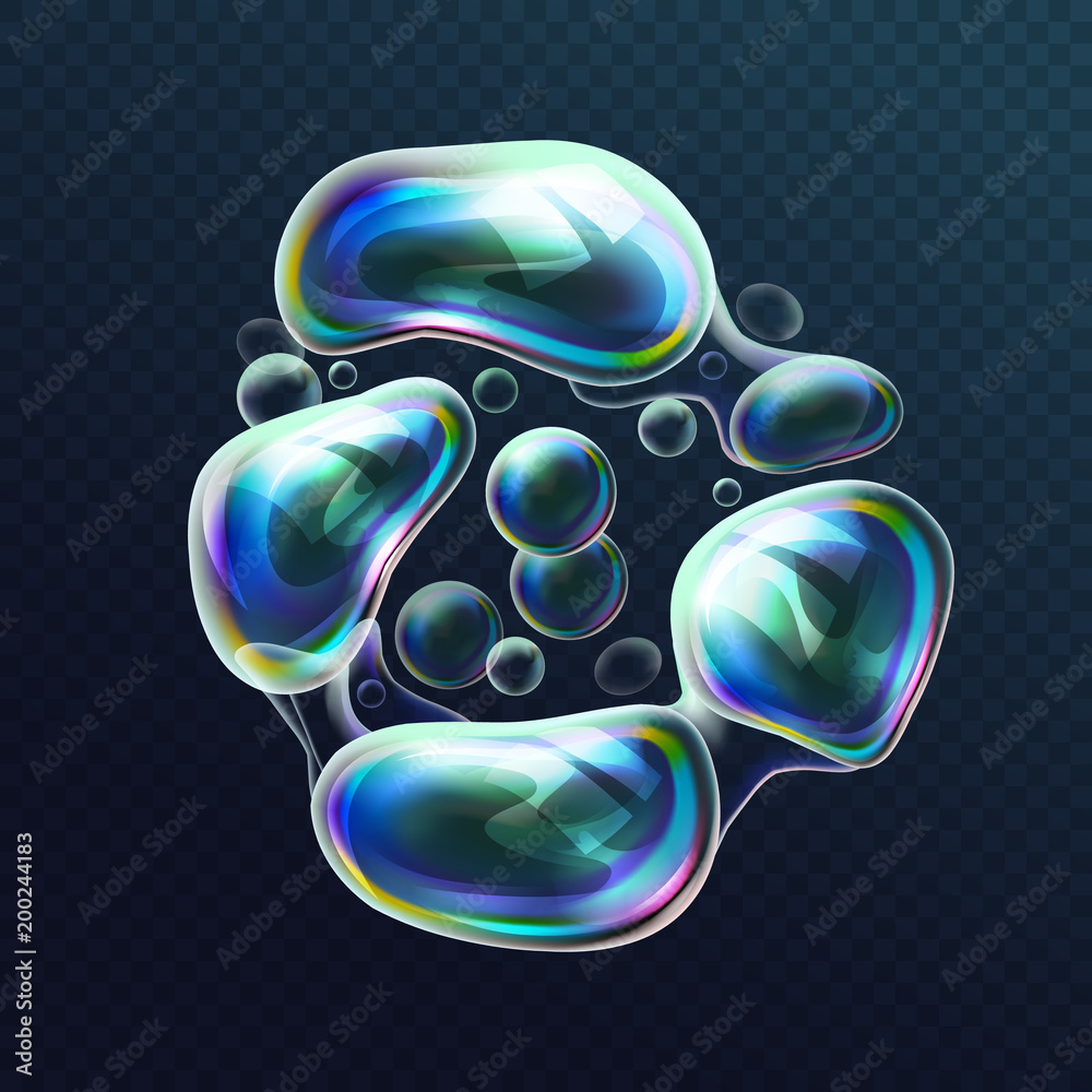Poster set of realistic transparent colorful soap bubbles in the deformation. water spheres with air, soapy