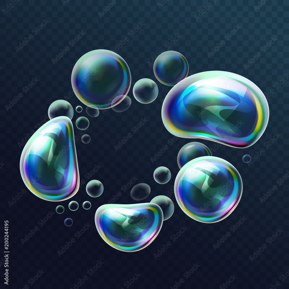 Poster set of realistic transparent colorful soap bubbles in the deformation. water spheres with air, soapy