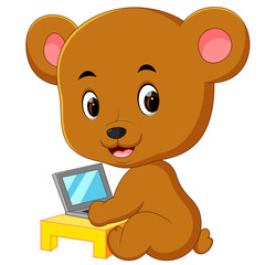 cute bear using laptop computer