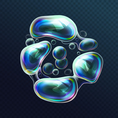 Set of realistic transparent colorful soap bubbles in the deformation. Water spheres with air, soapy balloons, lather, suds, soapsuds. Glossy Foam Balls with bright reflex. Vector 3d illustration.