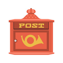 Retro red letter box with horn symbol vector illustration. Vintage mailbox icon. Classic royal post box icon.