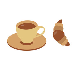 Coffee and croissant icons. Traditional french breakfast in flat design. Fresh organic cafe in cup with pastry. Morning cappuccino and bakery or coffee break with dessert in cartoon style.