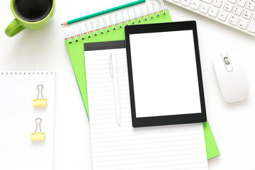 white Desk, tablet PC, lying on the table, white background with copy space, for advertisement, top view