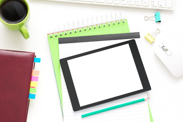 white Desk, tablet PC, lying on the table, white background with copy space, for advertisement, top view