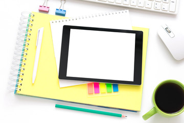 white Desk, tablet PC, lying on the table, white background with copy space, for advertisement, top view