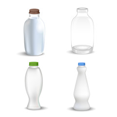 Set of white blank realistic dairy packaging including plastic bottles and carton packets isolated vector illustration