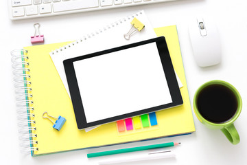 white Desk, tablet PC, lying on the table, white background with copy space, for advertisement, top view