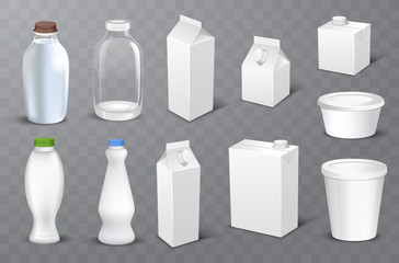 Set of white blank realistic dairy packaging including plastic bottles and carton packets isolated vector illustration