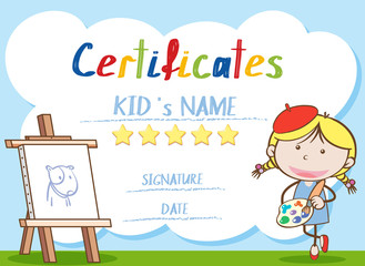 Certificate template with girl painting