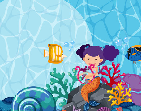 Background design with mermaid and fish under the sea