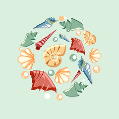 Fototapeta premium Green marine background with exotic seashells.