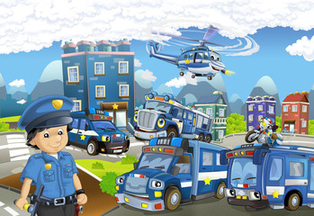 cartoon stage with different machines for police duty and policeman - colorful and cheerful scene - illustration for children
