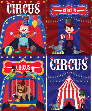 Poster design for circus with clown and trainer