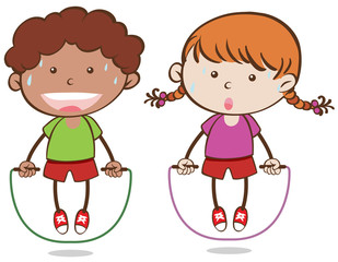 Boy and girl jumping rope