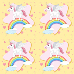 Seamless background with unicorn on rainbow