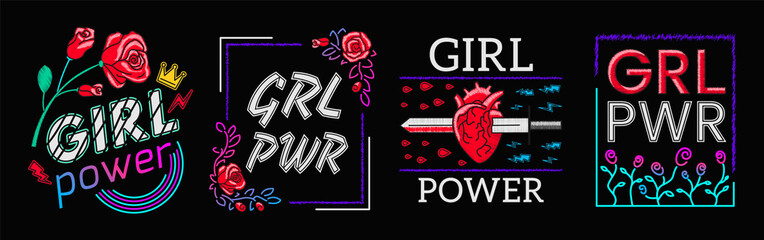 Girls Power is Collection Slogans Print Embroidery T-shirt. Feminist slogan, Rock print. Fashionable slogan with roses. Girl Gang patches, badges T-shirt apparels print tee graphic design. Vector