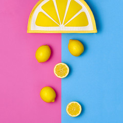 Lemon Citrus fruit. Trendy Yellow Clutch. Minimal Style. Flat lay. Fashion Summer Hipster Accessories Set. Hot Sunny Vibes. Creative Bright Color. Pop Art Design